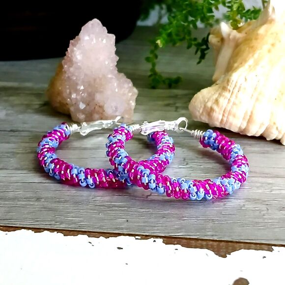 Pink & Purple Beaded Hoop Earrings, Seed Bead Jewelry Boho Handmade - Picture 3 of 3